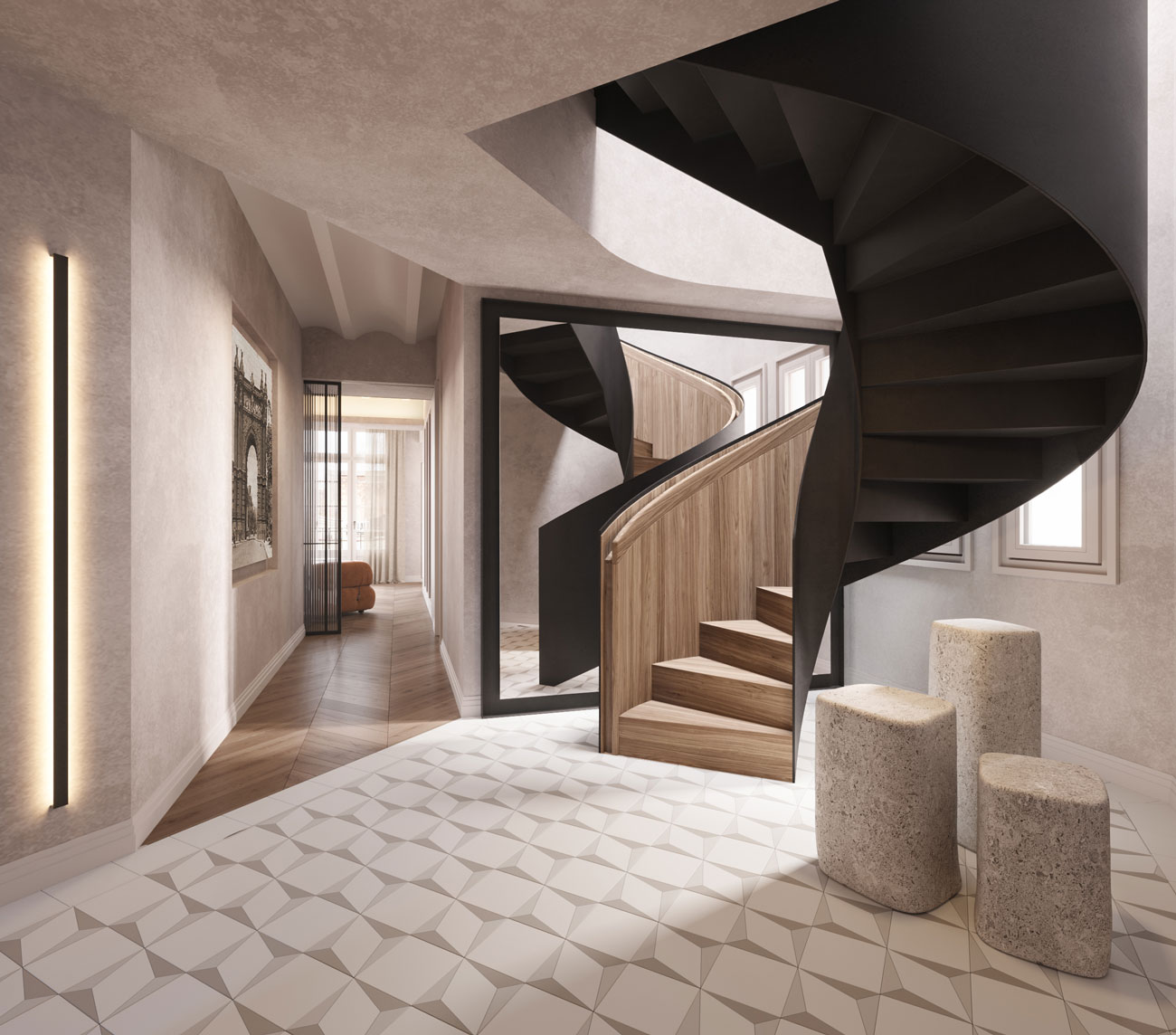 diseño que combina escalera de madera y piso con baldosas