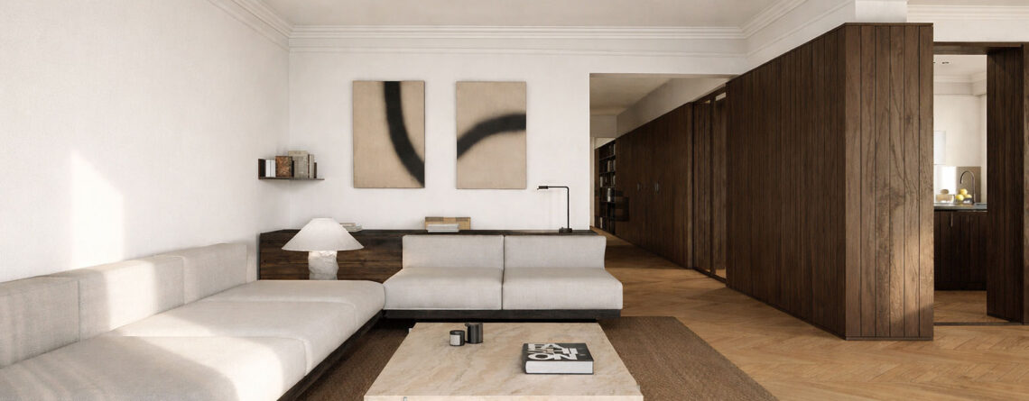 Parquet en espiga de madera natural en el salón de una vivienda reformada en la calle Muntaner de Barcelona