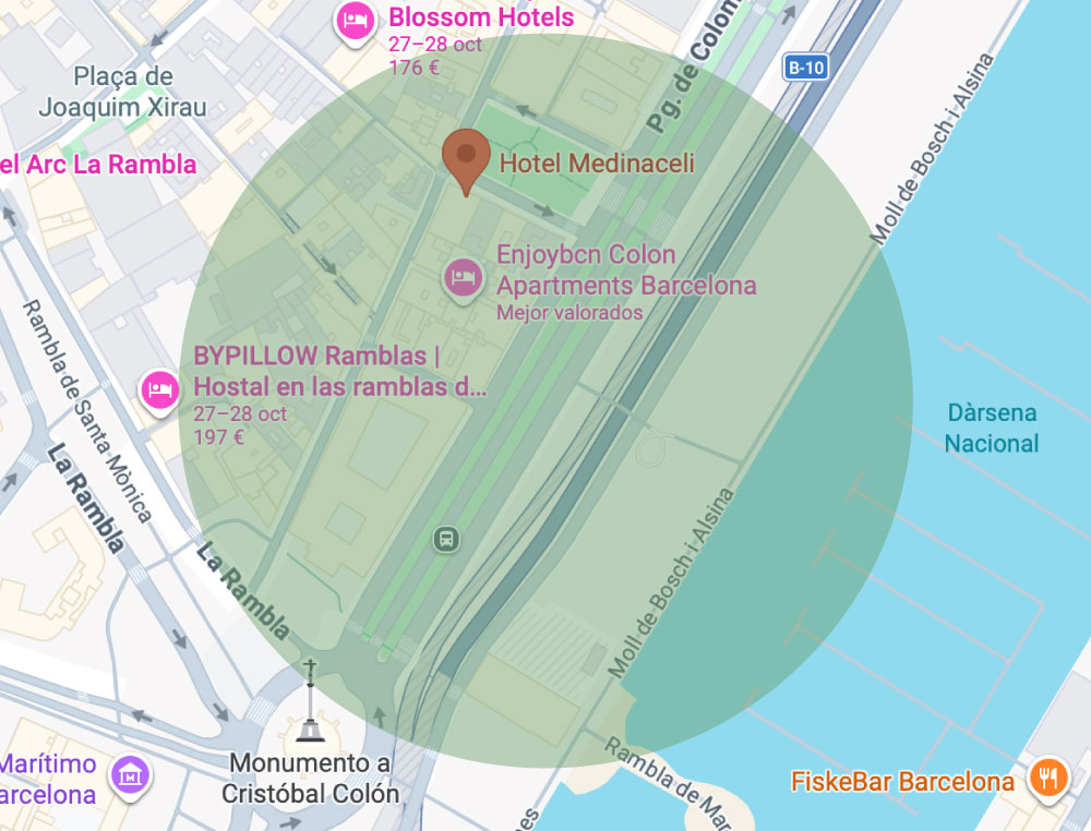 Mapa de ubicación del Hotel Medinaceli en Ciutat Vella de Barcelona, cerca de la Plaça Colón Mapa de ubicación del Hotel Medinaceli en Ciutat Vella de Barcelona, cerca de la Plaça Colón