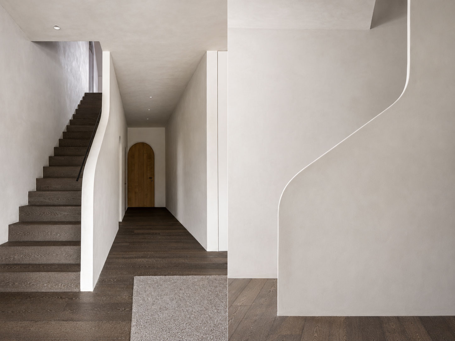 Parquet premium Belgiqa Oak Eight Mineral Brown de roble europeo en una vivienda contemporánea con continuidad entre suelo y escalera