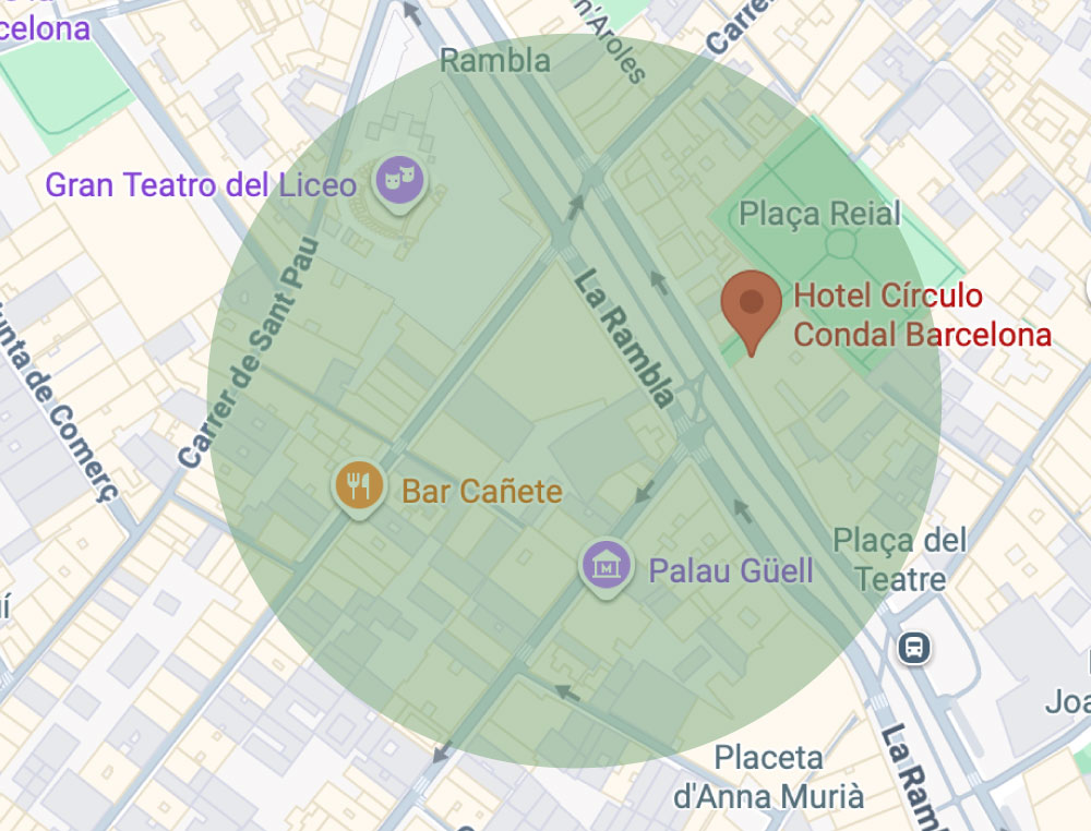 Mapa de ubicación del Hotel Condal en Ciutat Vella de Barcelona, cerca de la Plaça Real y del Teatre del Liceo
